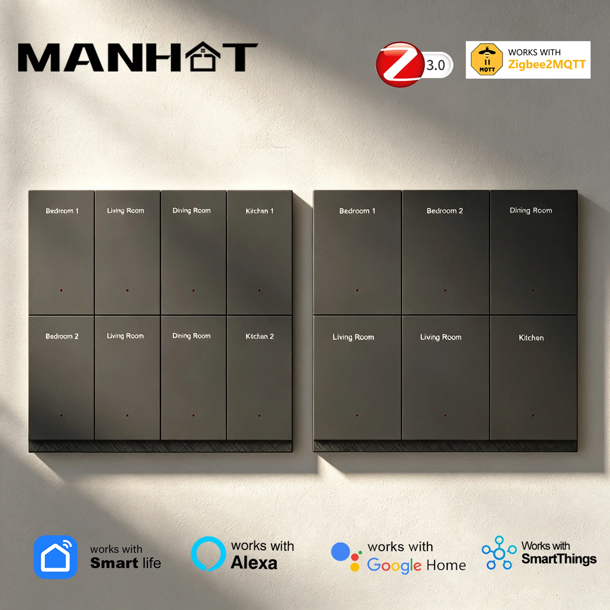 Manhot Zigbee DIY Name Switch Display Screen 6/8 Gang Push Button Light Switches Works with Tuya Alexa Google Home Zigbee2MQTT