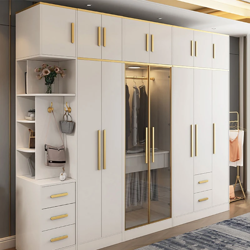 White Wardrobe Set Light Luxury Simple Bedroom Cabinet Glass Door Closet Home Furniture