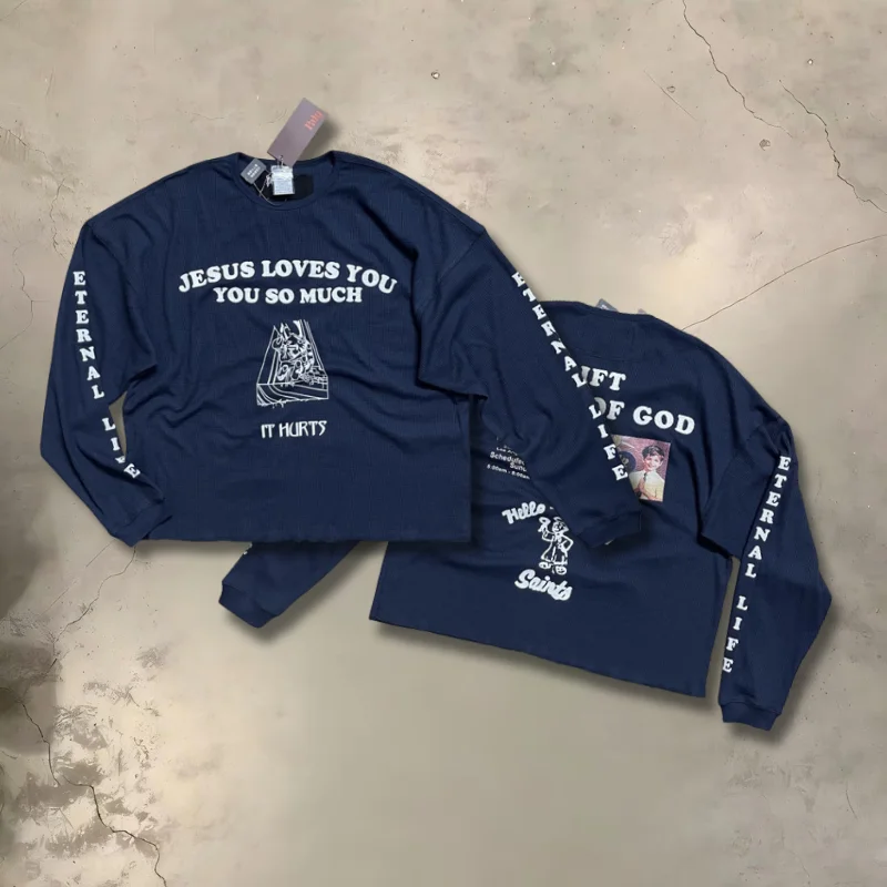 2026ss Waffle Paly Long Sleeve T-shirt Men Woman Fashion Do Old Washed Loose Letters Print Tee Top