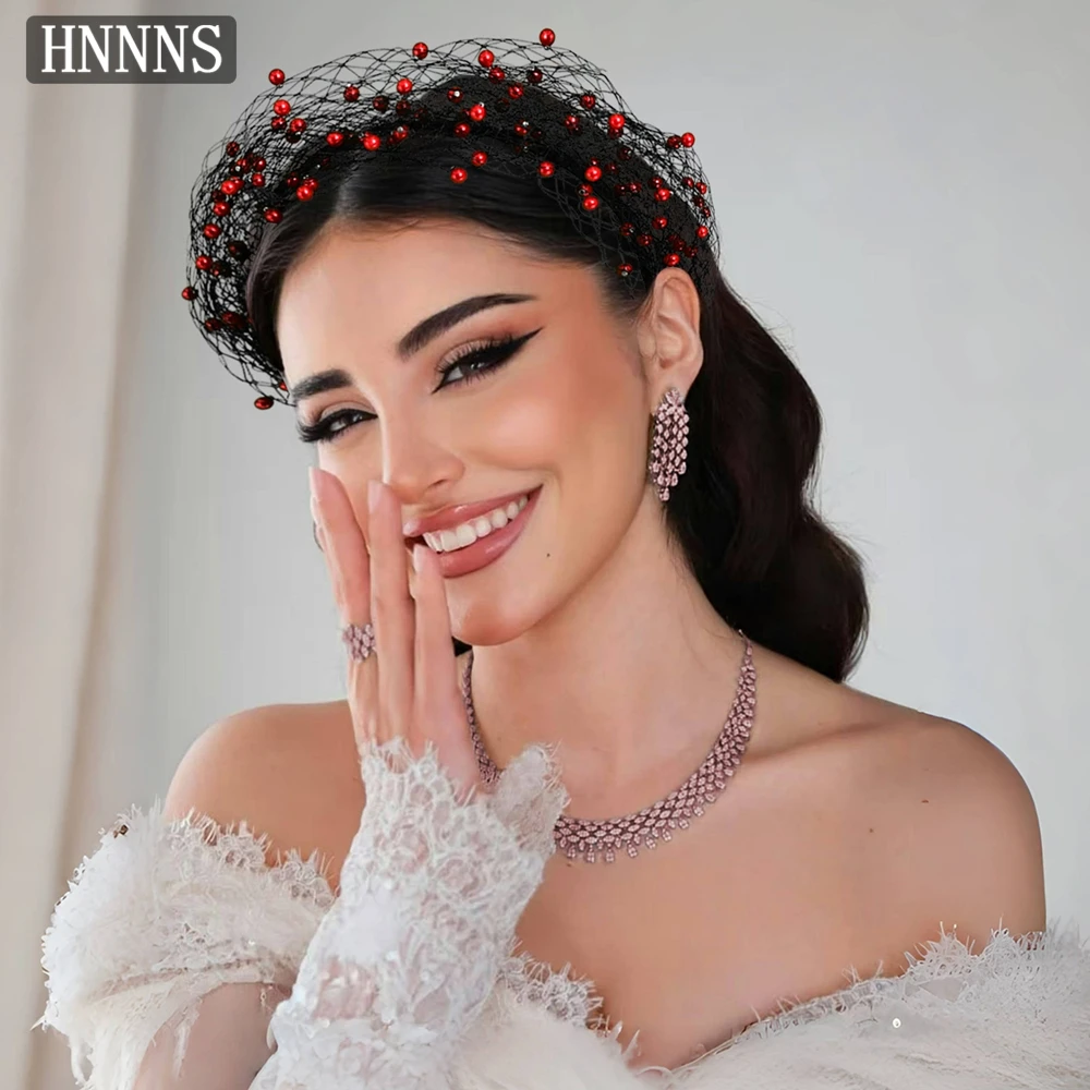

HNNNS Gorgeous Red Pearl Mesh Hair Bands Vintage Glamour Headbands Surprise Party Hair Accessories Luxury Jewelry Gift A310