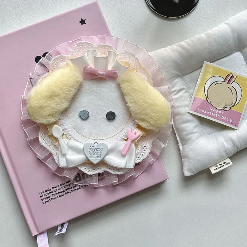 Handmade Badge Display Holder, Plush Ear Detail, Multi‑Layer Lace Ruffle Trim, Satin Bow Decoration, Round Badge Display Base, Fabric Lace Ornament, Decorative Badge Frame, Anime Bag Decor for Badge Collection Display