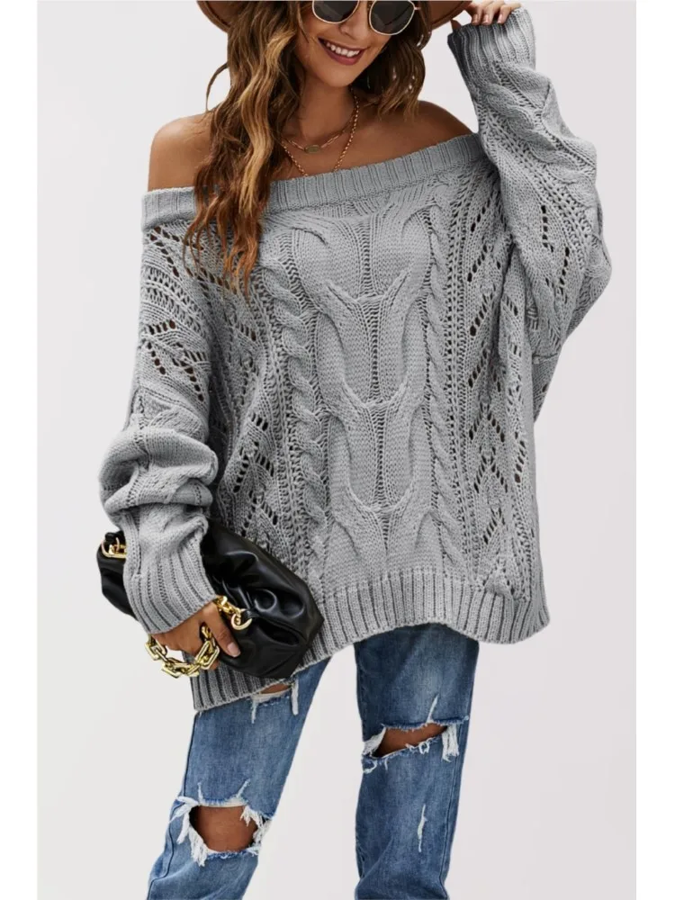 เสื้อไหมพรมถักทรงหลวมแบบเปิดไหล่ สไตล์ฤดูใบไม้ร่วงและฤดูหนาว ดีไซน์ใหม่สำหรับผู้หญิง คอเสื้อทรงเอ สีพื้น เรียบหรู