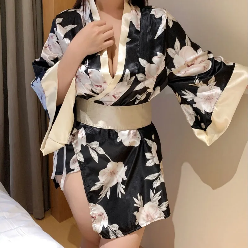 Plus Size Sexy Lingerie Sakura Kimono Lovely Japanese Cosplay Uniform Roleplay Robe Floral Bathrobe Short Night Dressing Gown