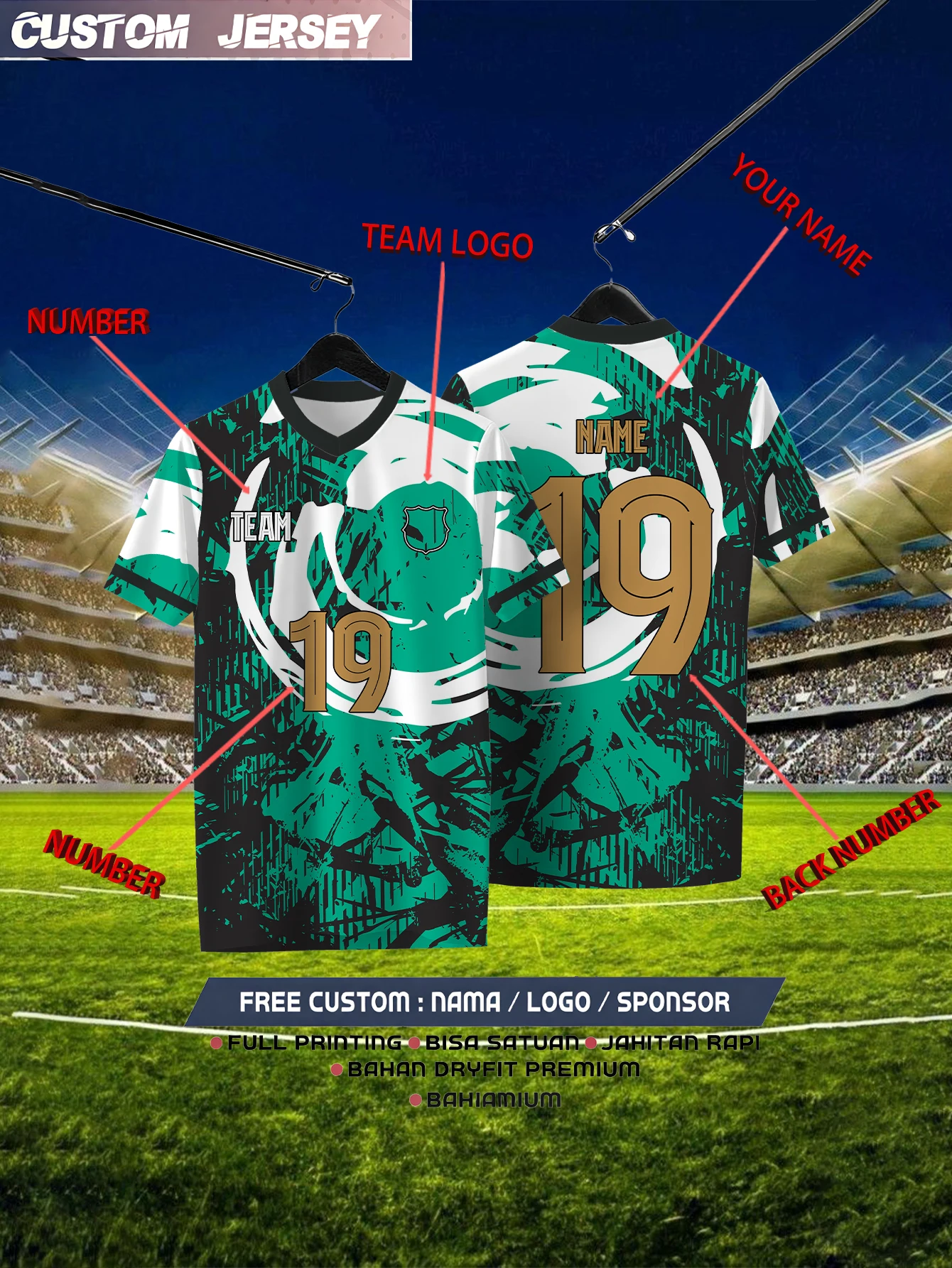 

Customized Geometric Green Short Sleeved Shirt with Team Name, Emblem, Name and Number, Outdoor Sports Short Sleeved T-shirt
