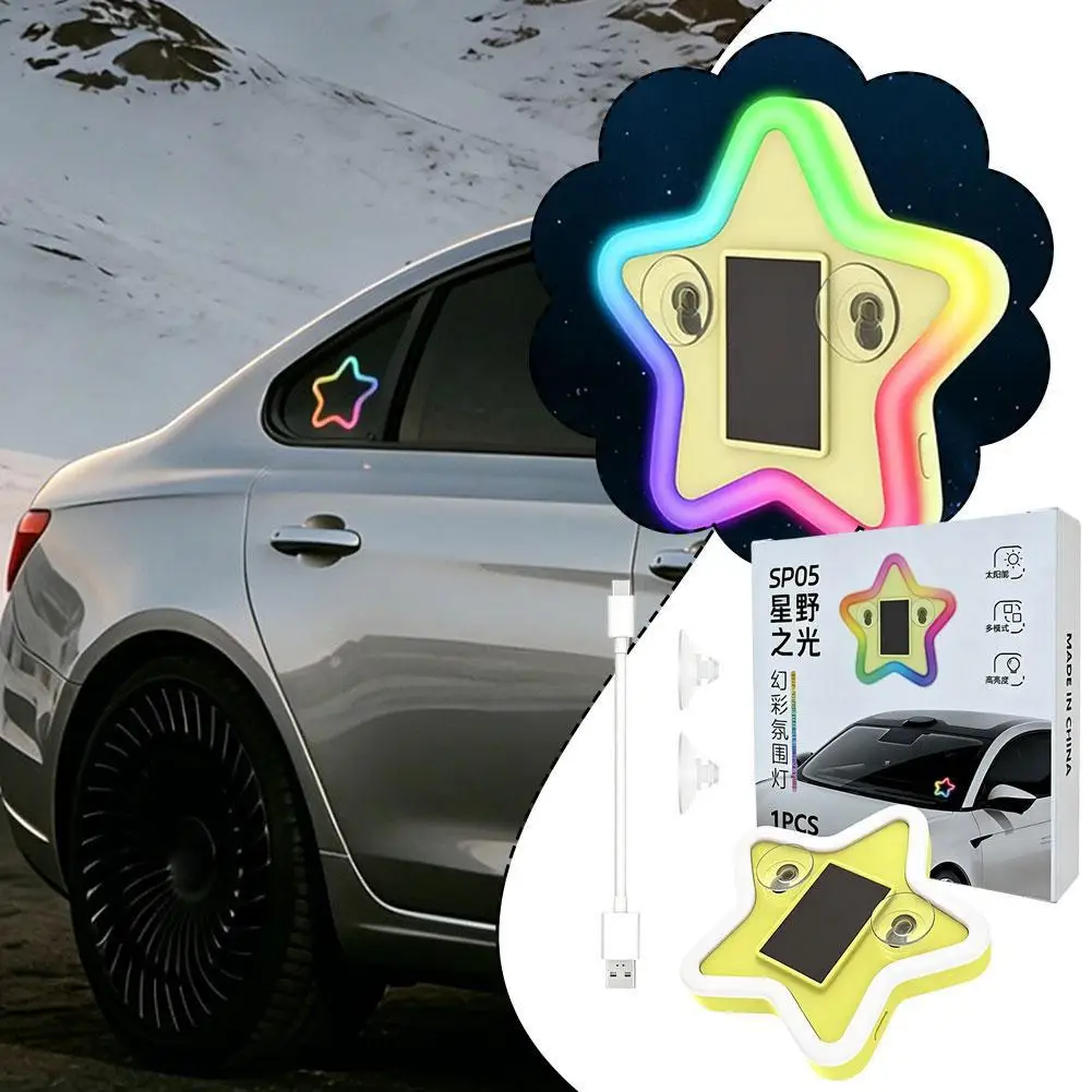 Solar Powered Star Shape Car Atmosphere Light Wireless Colorful RGB Glow Lamp With Strong Suction Cup Vehicle Window Decor Light