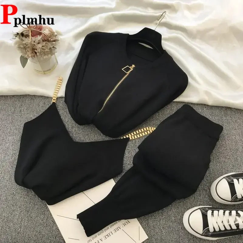 

Womens Knit 3 Piece Sets V Neck Spaghetti Tops + Loose Cardigan Coats Suit + Knitwear Jogger Pants Fall Winter Casual Conjuntos