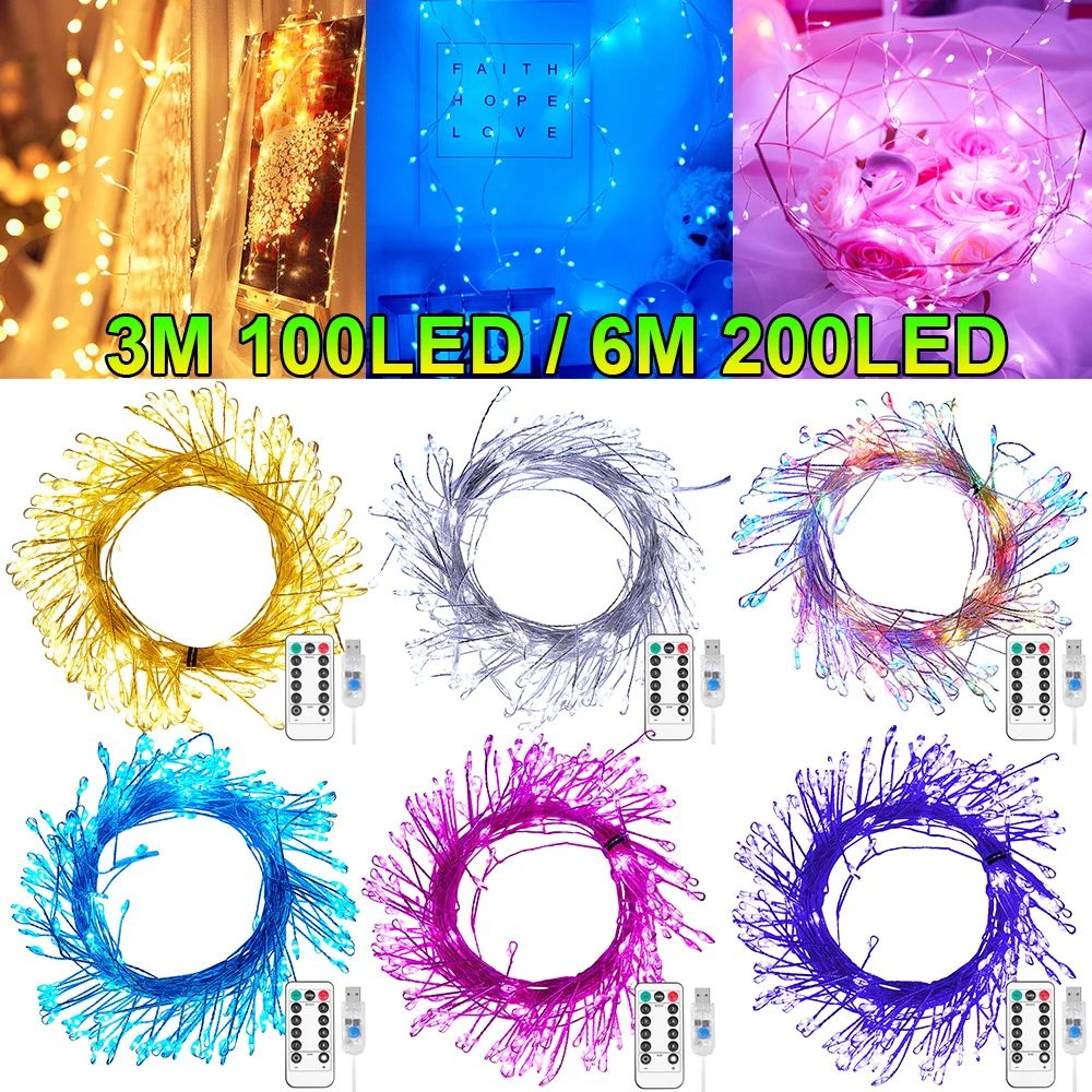 3M 6M LED Fairy Lights Copper Wire String USB Remote Control Dimmable Outdoor Christmas Lights Timer Garlands Party Decoration