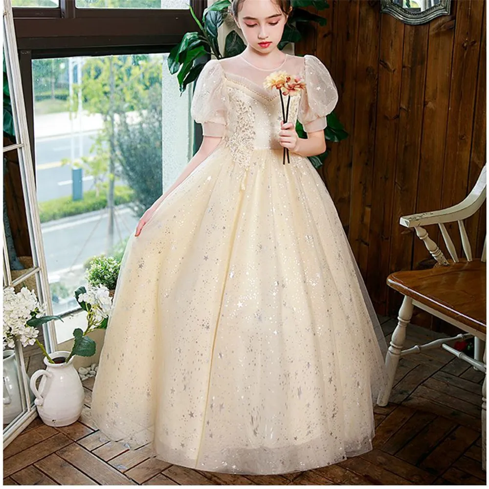 

Glitter Sequins Half sleeve Flower Girls Dresses For Wedding Tulle Birthday Party Christmas Dress For Girl