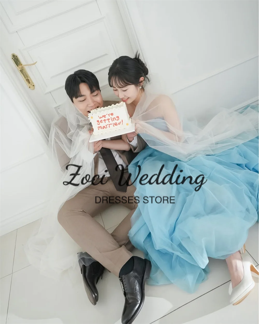 Zoci Sky Blue gaun pernikahan Korea gaun pengantin lengan Puff panjang bahu terbuka gaun pengantin pemotretan gaun malam taman disesuaikan