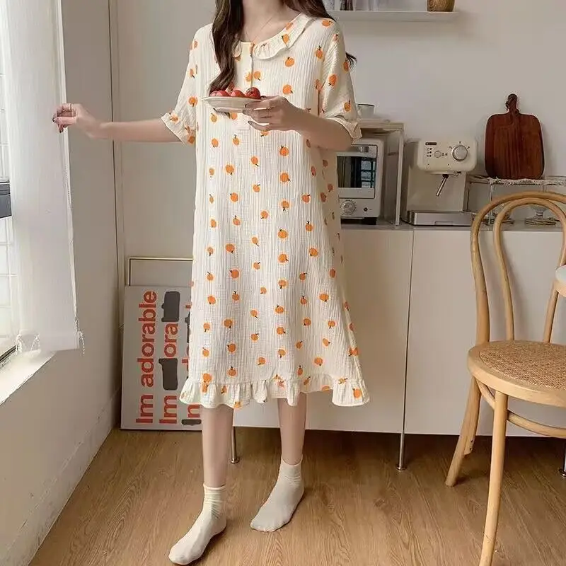 Heart Print Summer Nightgown Women O-Neck Short Sleeve Casual Long Sleepwear Loose Ruffles Midi Length Night Dress Purple