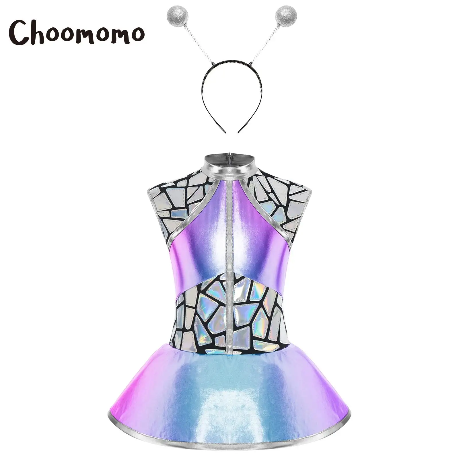 

Girls Shiny Metallic Alien Astronaut Costume Sleeveless Gradient Sequin Tutu Dress And Antennas Hair Hoop Halloween Space Outfit