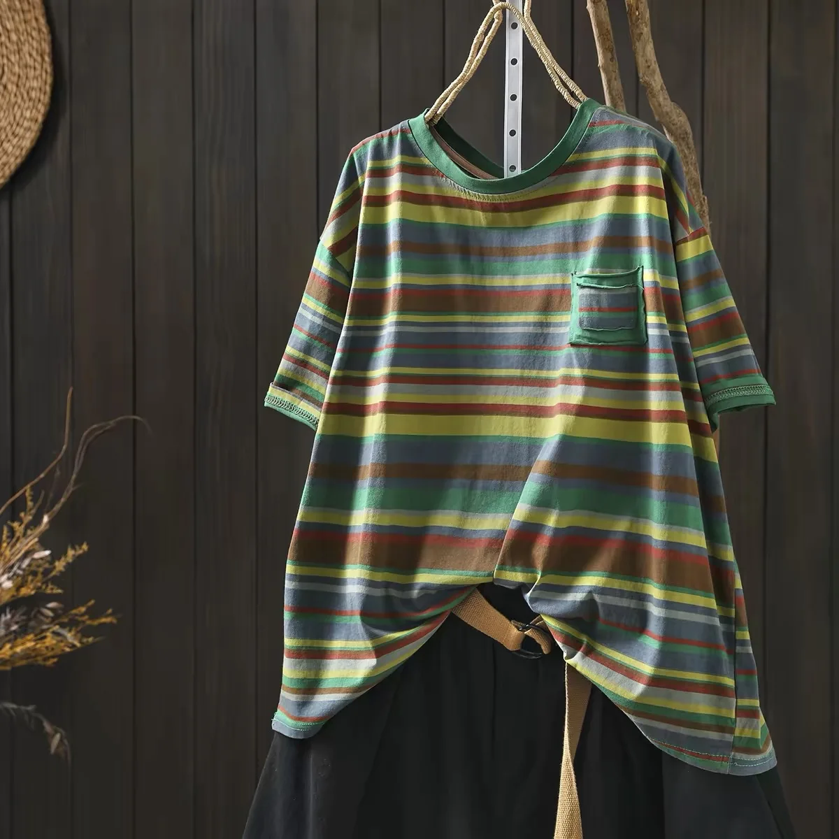 2026 Oversized Retro Multicolor Striped T Shirts for Women Loose Casual Crew Neck Short Sleeve Shirts with Pocket Summer Basic