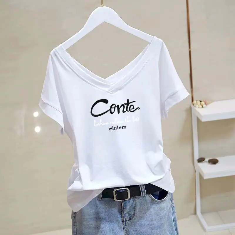 100% Cotton T-shirts Women Fashion V-neck Letter Printed T Shirt Casual Loose Short Sleeve Tops Summer Trend Thin Tshirt Y2k Top