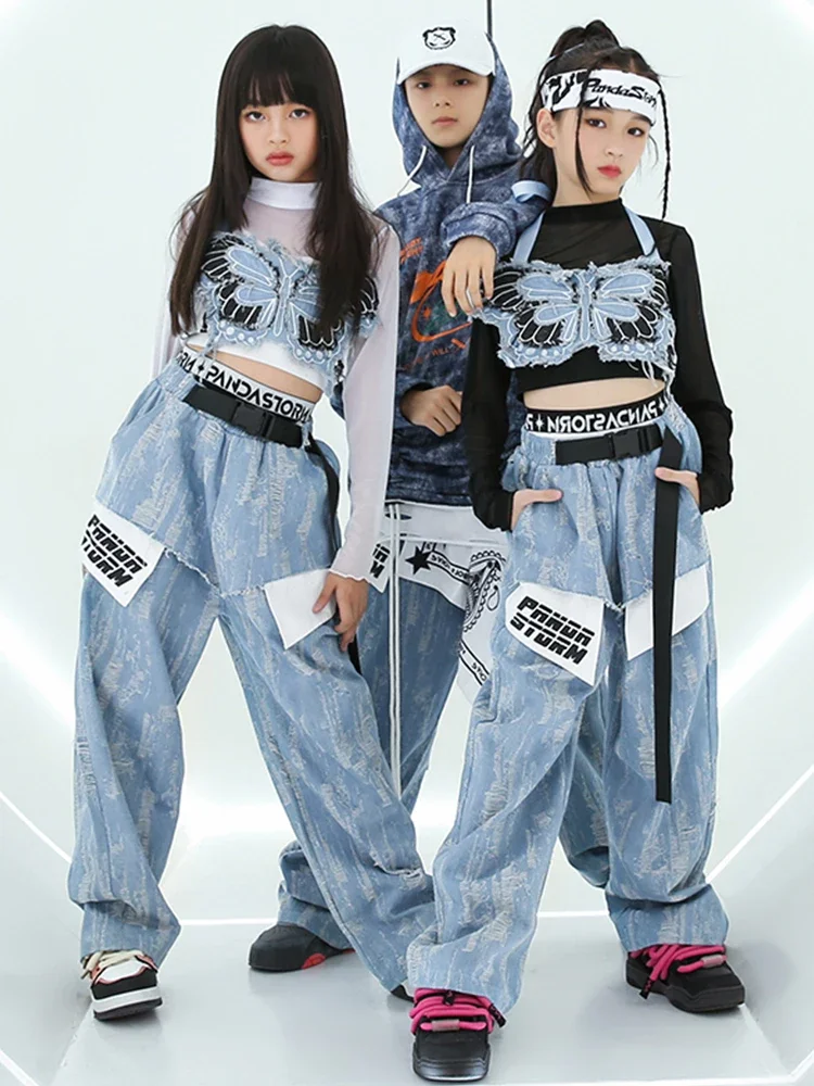 Girls Denim Vest Pants Boys Hooded Tops Jazz Dance Costume Stage Performance Wear Fashion Kpop Kids Hip Hop Clothing