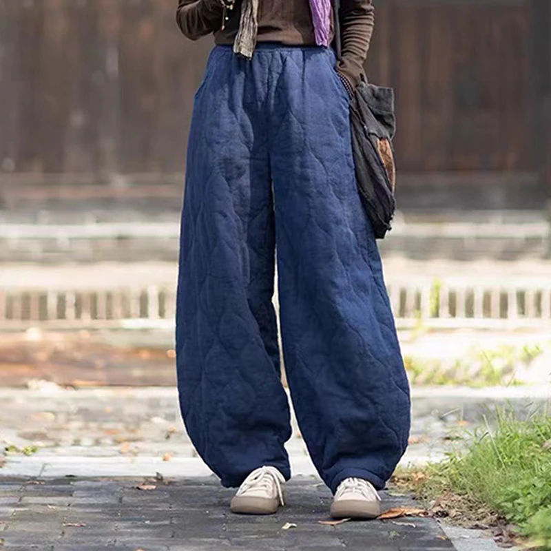 New Chinese Style Cotton Quilted Wide Leg Pants Women Autumn Winter Casual Loose Thicken Pants Elastic Waist Padded Trousers