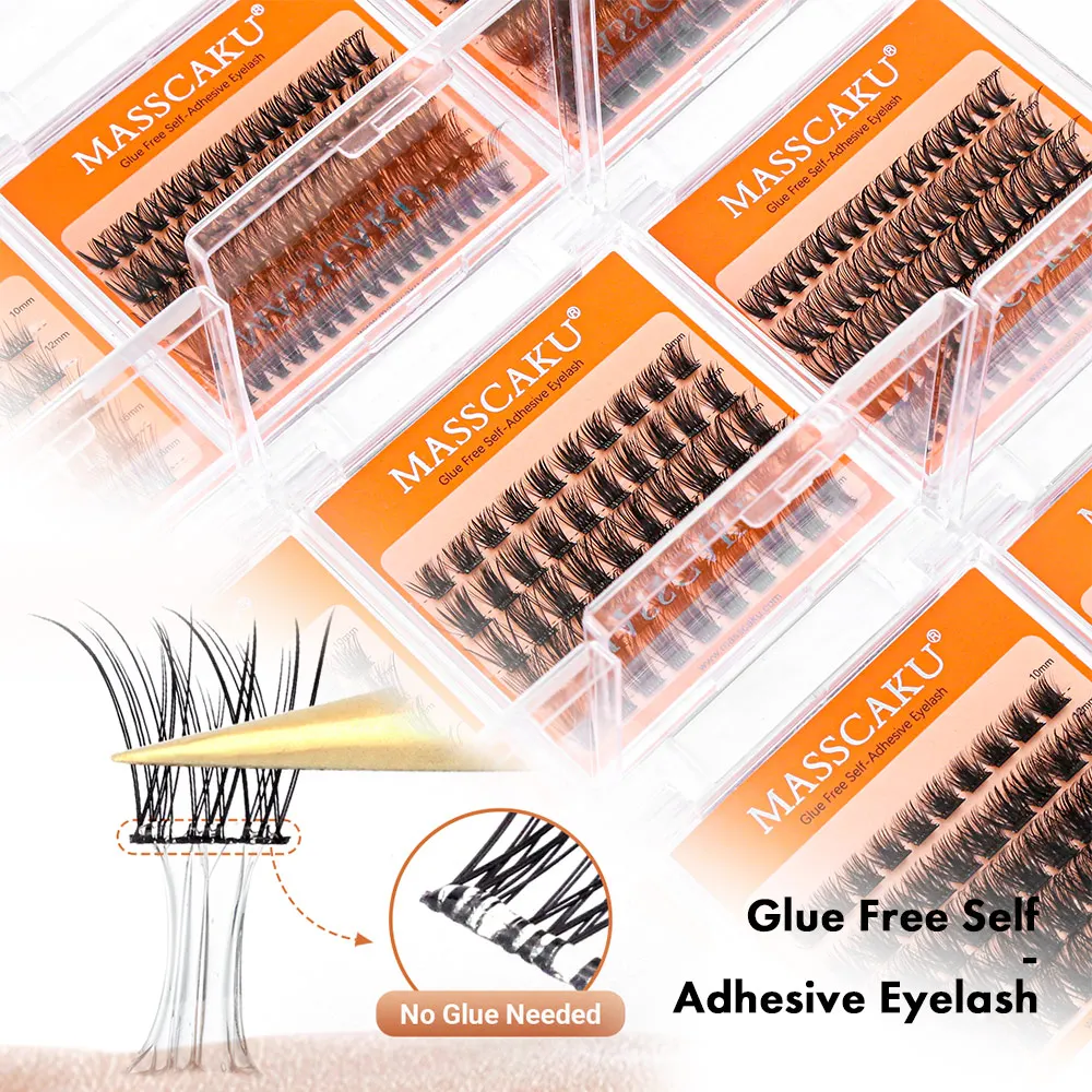 Vendita calda MASSCAKU 10-18mm D Curl Ciglia finte autoadesive naturali Ciglia morbide Nessuna colla necessaria Trucco ciglia segmentate