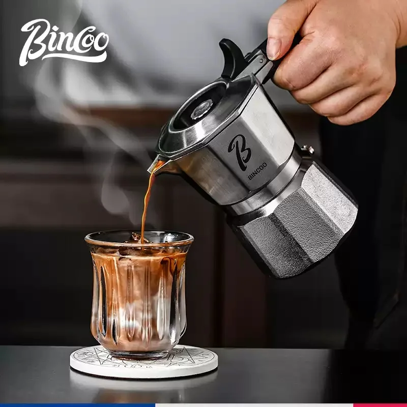 

Bincoo 2-чашковый кофейник для мока из нержавеющей стали, итальянский кофейник для эспрессо и латте, портативная кофеварка для мокко с тройным клапаном