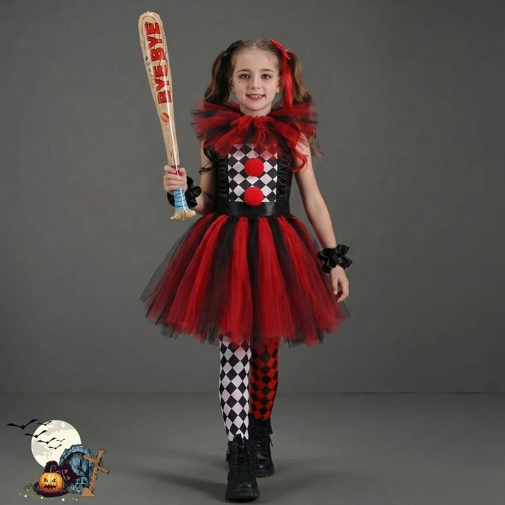 Mädchen Halloween Cosplay Kostüm mit Komplettem Zubehör, Kinder Clown Tutu Kleid Set, Kinder Faschingskostüm für Halloween-Party