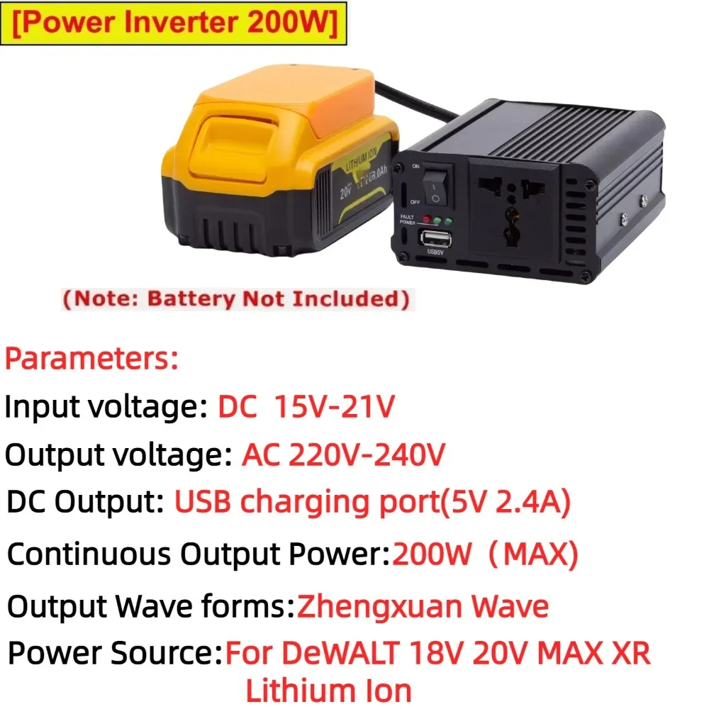 Imagem -04 - Adaptador de Tomada de Inversor de Energia Portátil de 200w para Bateria Dewalt 18v xr dc 1520v para ac 220v Alimentado com Usb 5v 2.4a para Reino Unido ue au