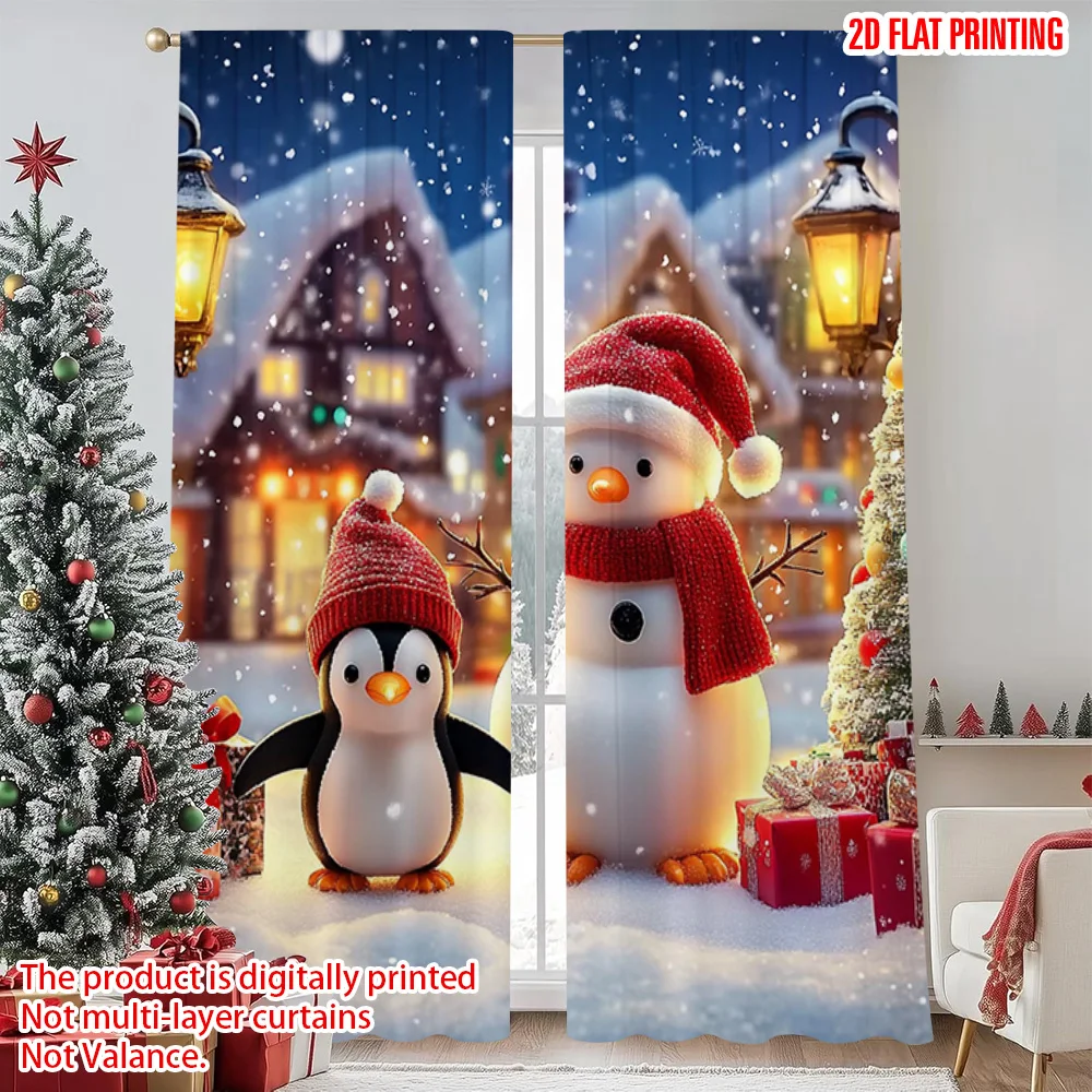 

2pcs 2D flat printing Merry Christmas Window Drapes Festive Snow Christmas Versatile Polyester Without Electricity Family Party