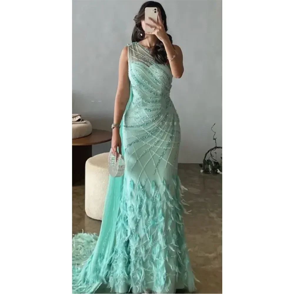 Exquisite One-Shoulder Tassel Feathers Evening Dresses Fashion Beads Pearls Sheath Party Gowns Sweep Train Luxury Prom Dresses