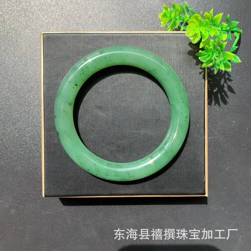 Russian Ulanhau Spinach Green Jadeite Bracelet With Black Spots On Base, Fashionable And Versatile