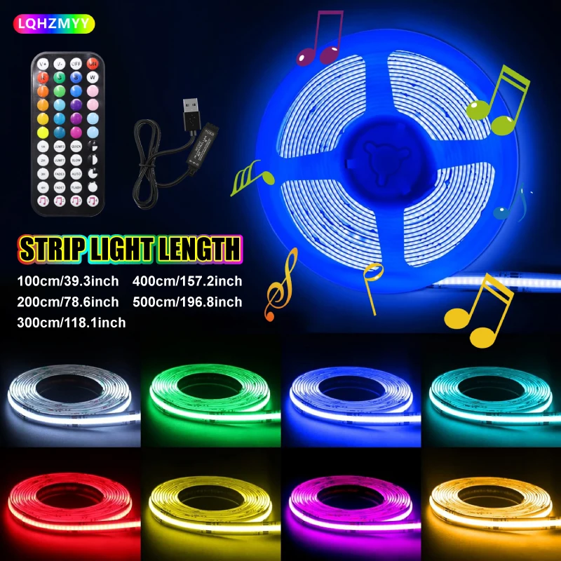 1Pcs Color-Changing Rgb Flexible Cob Led Light Strip, with 44-Key Sound-Sensing Multifunctional Remote Control, Can Control Color and Brightness, the Lights Dance with the Volume, a Cool Led Light Strip Suitable for Tv