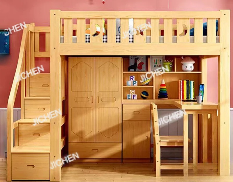 Solid wood bed, lower table, high and low bed, integrated wardrobe, multi-functional desk, study bed, elevated small apartment