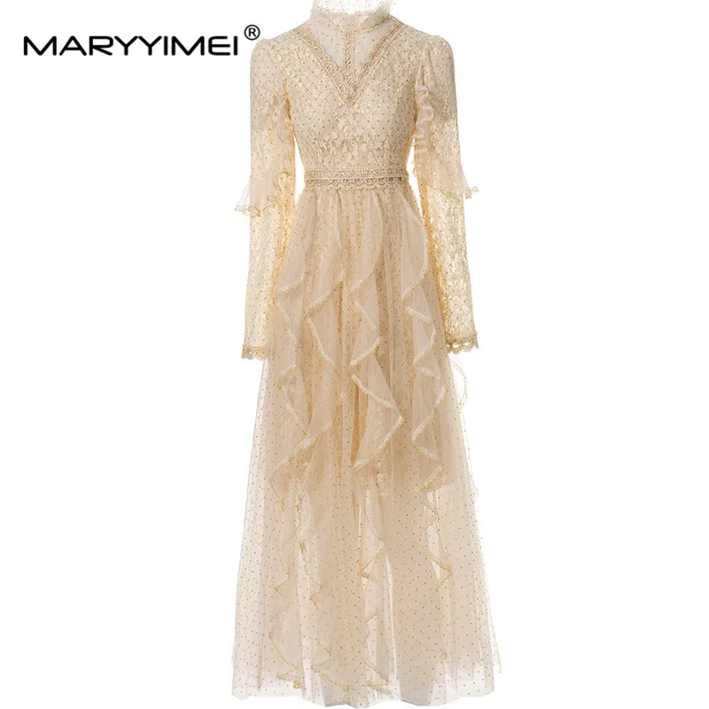 MARYYIMEI Spring Summer Women\'s Stand Collar Long-Sleeve Mesh Splicing Flounced Edge Fashion Lace Dresses