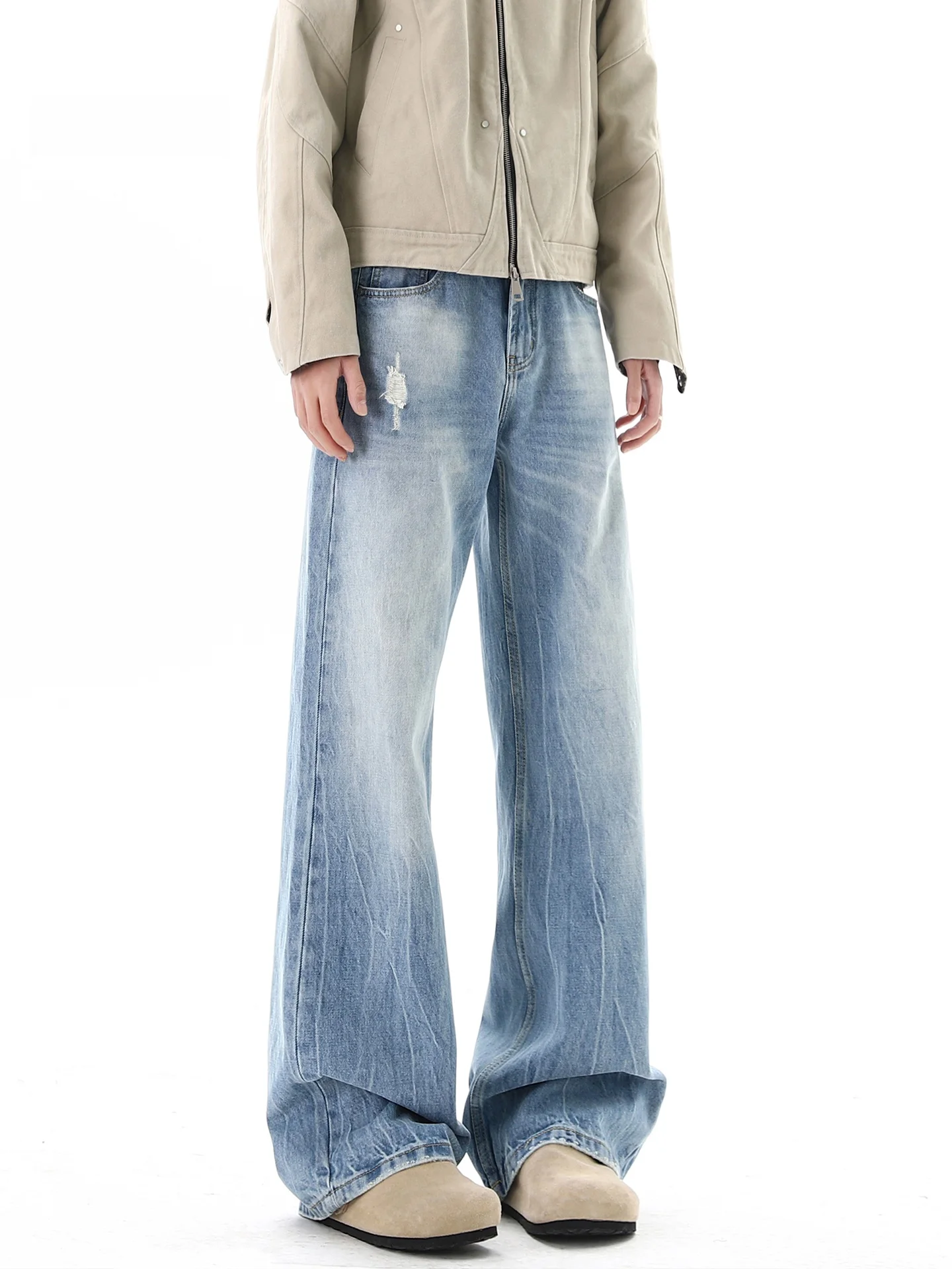 

Мужские джинсы American High Street Lightning Wa Blue свободного прямого кроя, весенние, модные, брендовые, с дырками, повседневные, длинные брюки