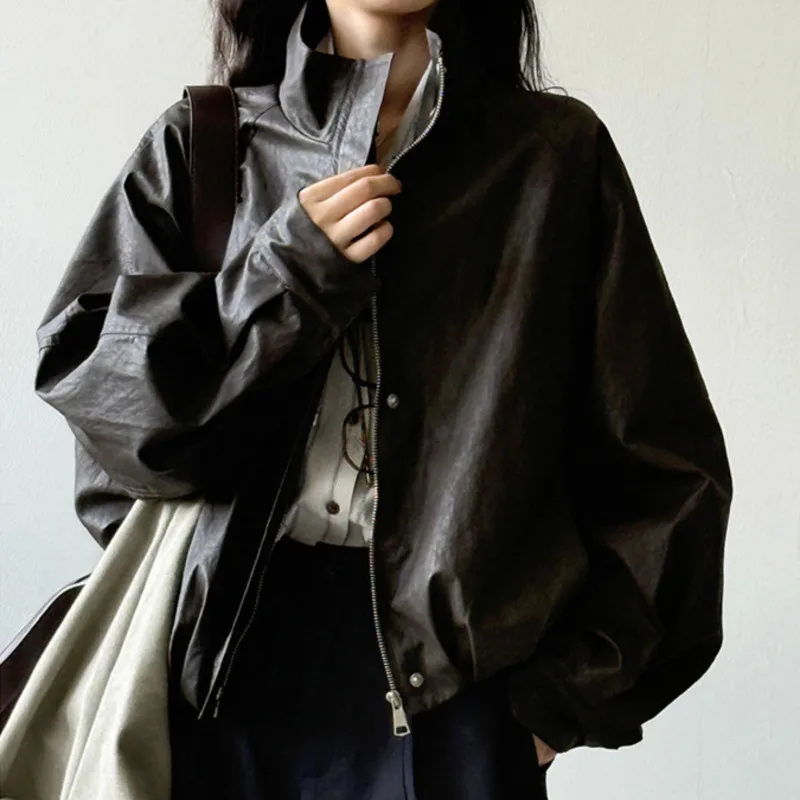 HKSH ربيع الخريف جديد سترة نسائية بولي Leather الجلود الوقوف طوق سستة بلون الأمريكية الرجعية الراقية Ins معطف غير رسمي HK13660