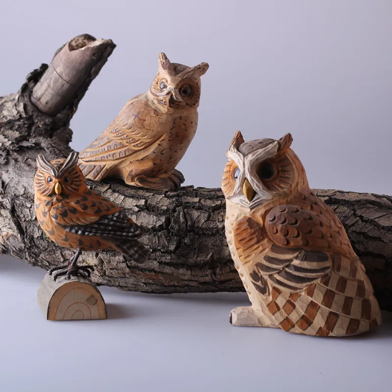 

Solid wood handmade carved animal owl ornaments, home accessories, small pieces, living room tabletop creative handicrafts, logs