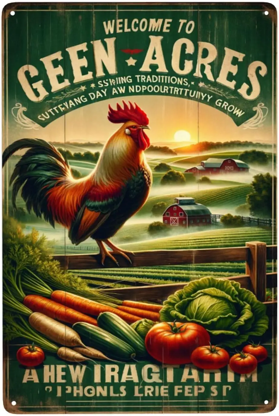Green Acres Farmhouse Decor - Rustic Sunrise Rooster & Vegetables Metal Tin Sign - Vintage Wall Art for Home & Kitc good sign