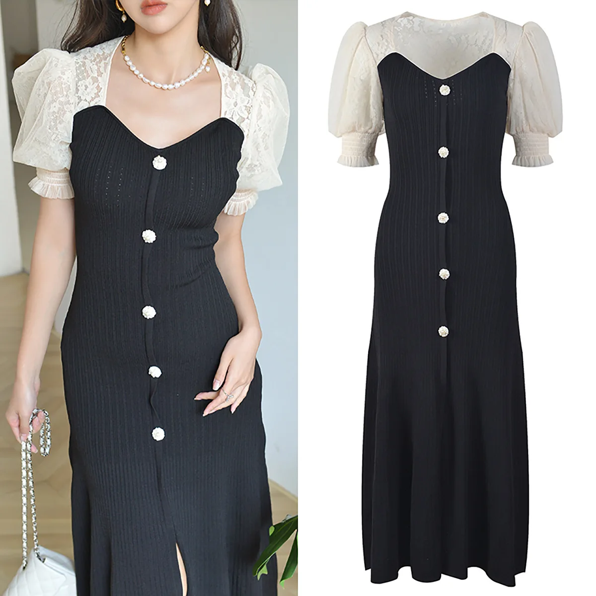 

Утягивающий воротник-сердечко с высокой талией Bubble Sve Knitted Dr Summer New Sle Women's Faion Commute Sle ort Sve Dr