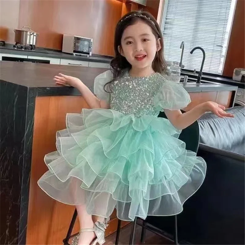 New Sequin Princess Dress Summer Girls Puff Sleeve Tutu Dress Children Fashion Birthday Party Gown Kids Mesh Cake Dress 2-8 Year