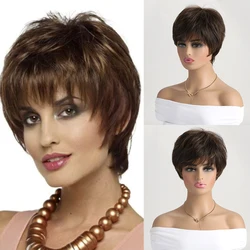 Short Natural Synthetic Wigs with Bangs 10 inches Soft Hair Daily Use Brown Ombre Curly Hair Costume Party Wig for Women