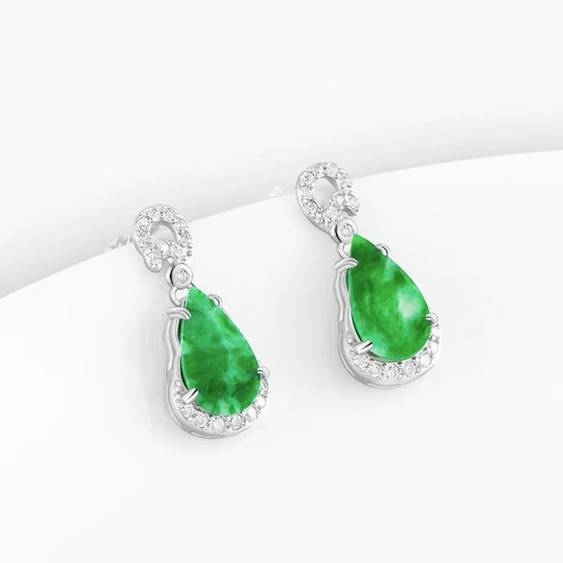 

S925 Silver Inlaid Natural A-grade Jadeite Water Droplet Yang Green Ice Seed Jade Earrings Fashionable Jewelry For Women's Gifts