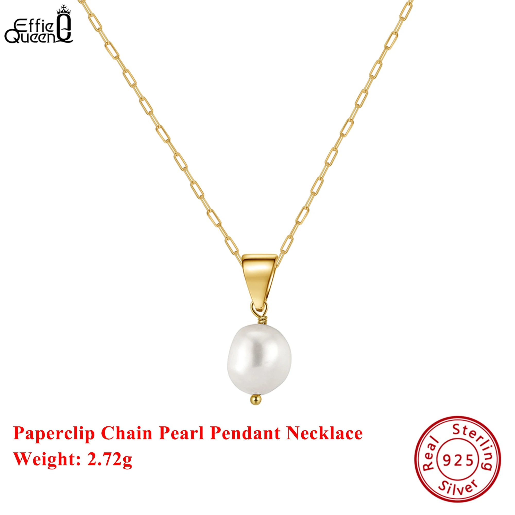 

EFFIE QUEEN 925 Sterling Silver 14k Gold Baroque Pearl Paperclip Chain Pendant Necklace Simple Jewelry for Women Banquet GPN24