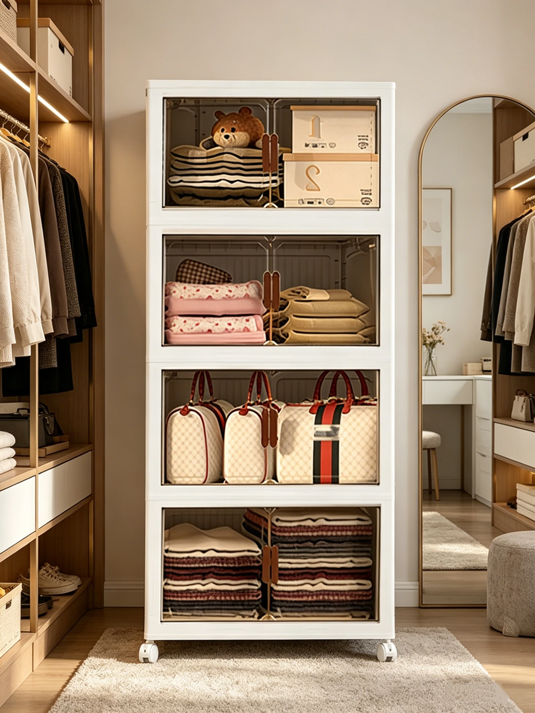 4 layers, each 45 cm wide-Multi-Layer Folding Storage Cabinet - Waterproof, No Assembly Required - Perfect for Clothes, Snacks & Toys - Ideal for Bedroom, Living Room, Dorm, Youngsters's Wardrobe, Under-Bed Storage