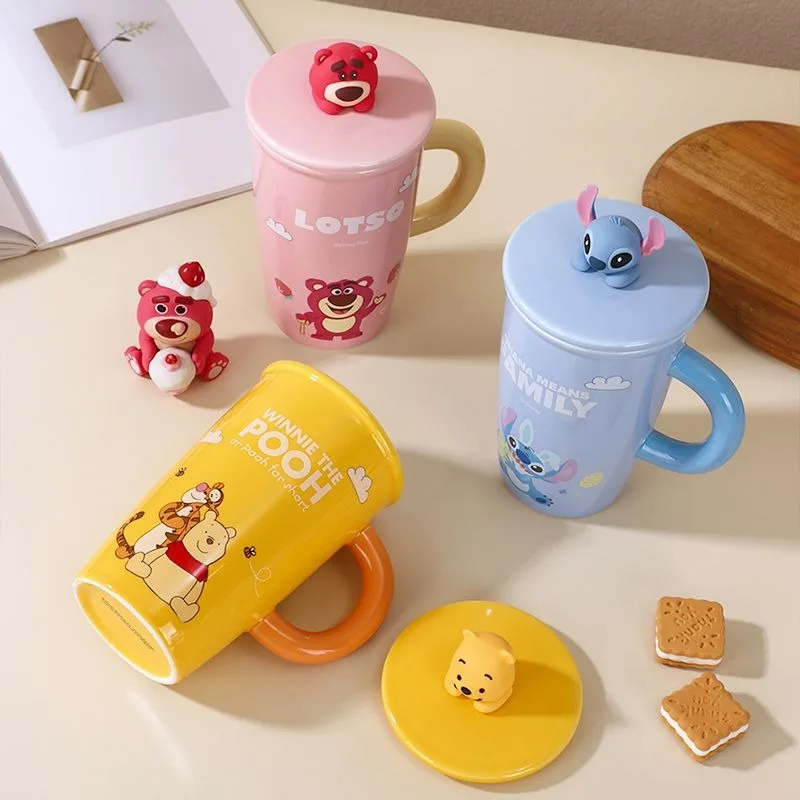 

Disney ceramic mug in creative high-value Stitch Lotso Winnie the Pooh cartoon cute with lid home coffee milk mug birthday gift