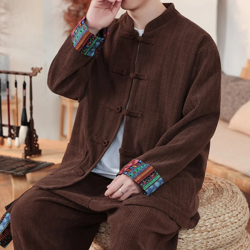 

Men's Retro Ethnic Print Jaet Large Size New Chinese Sle Stand Collar Buttoned Cantonese Suit Windproof Outerwear