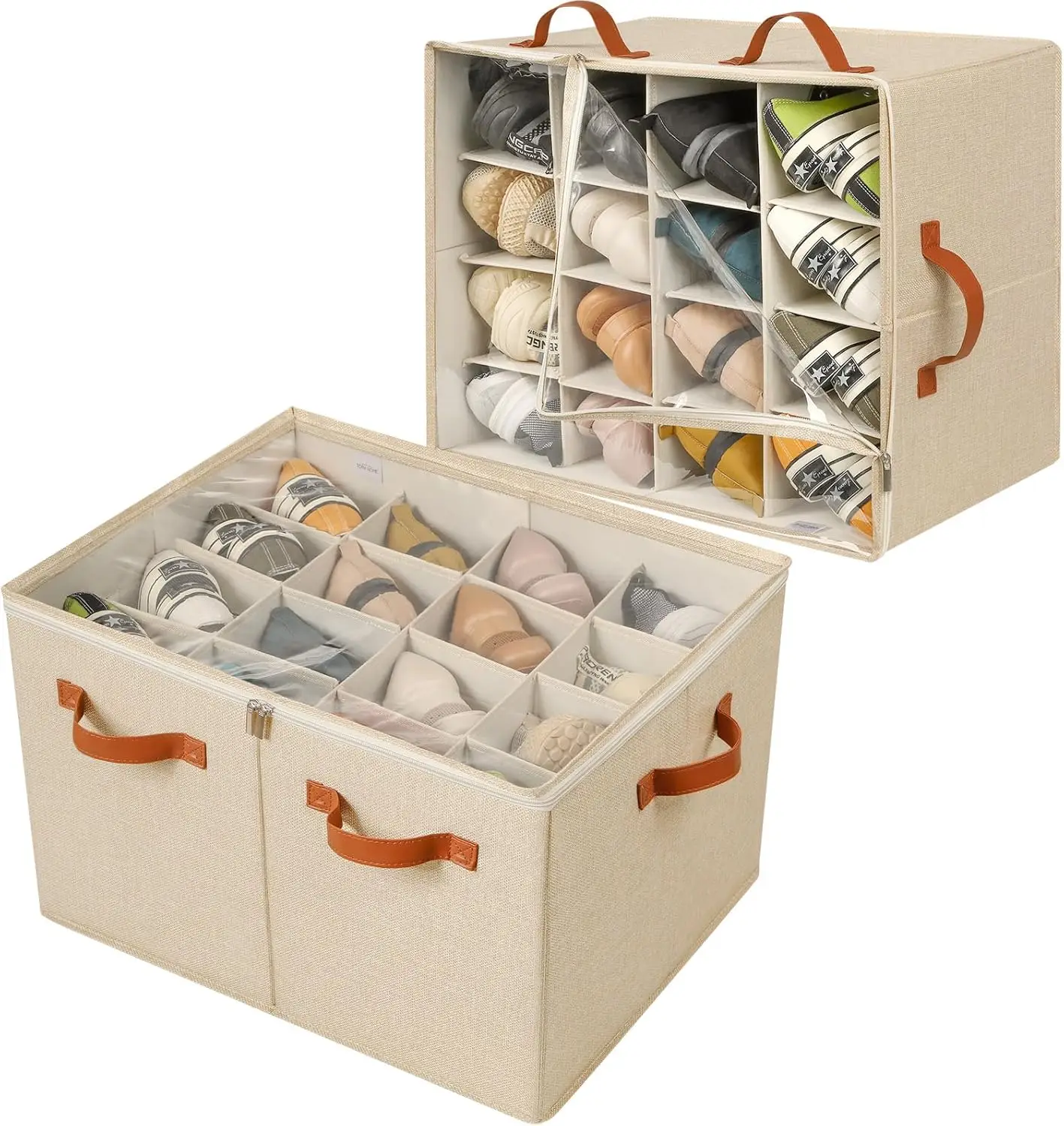 

Shoe Organizer for Closet 2 Pack, Foldable Shoe Box with Adjustable Dividers and Clear Cover, Space Saving Shoe Storage Organize