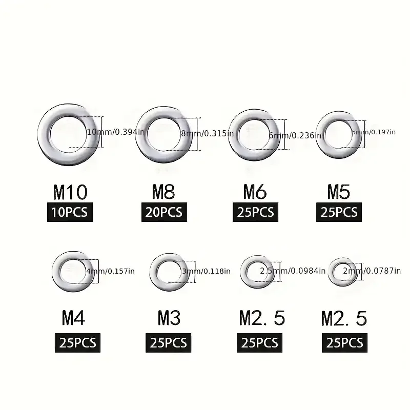 Item Name: 180PCs Flat Washers Set Big Plain Washers Gaskets M2 M2.5 M3 M4 M5 M6 M8 M10 Metal Washers Fastener