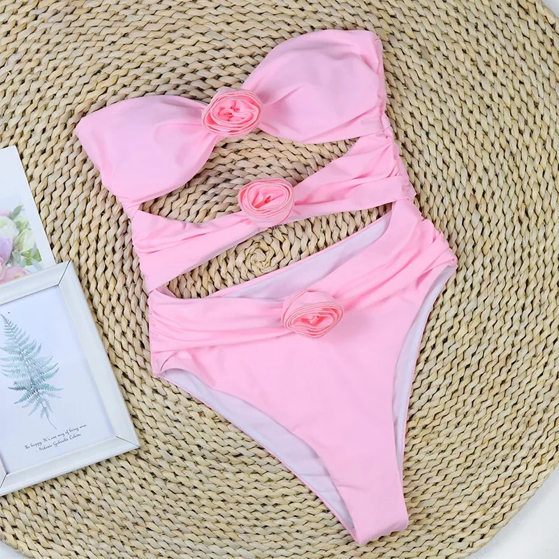 3D Flolar Bandeau ชุดว่ายน้ํา One Piece 2025 ดอกไม้สีชมพู Hollow-OUT สีขาว Strapless ชุดว่ายน้ําสตรี Elegant Beachwear