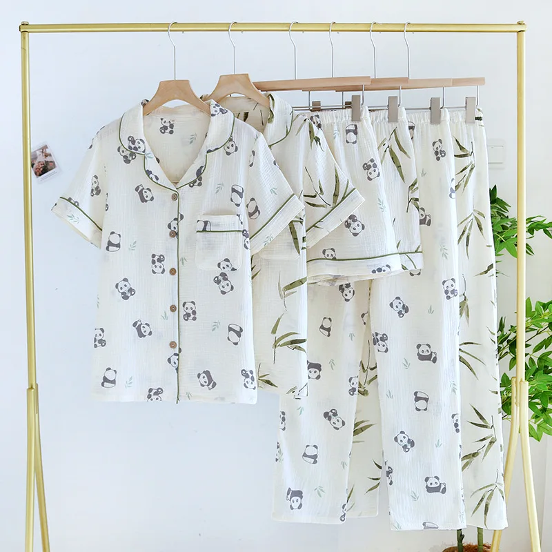

Wholesale & Retail Japanese Double Gauze Pajamas Three-piece Set Women's Summer Thin Cotton Short Sleeve Pants Shorts Loungewear
