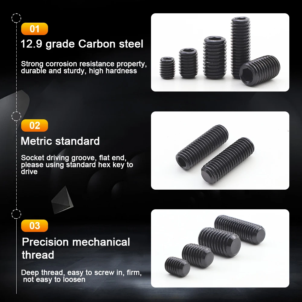JUIDINTO 3-100pcs Cup Point Grub Set Screw M2-M12 Carbon Steel Hex Socket Set Headless Flat Point Screw for Towel Rack Door Knob