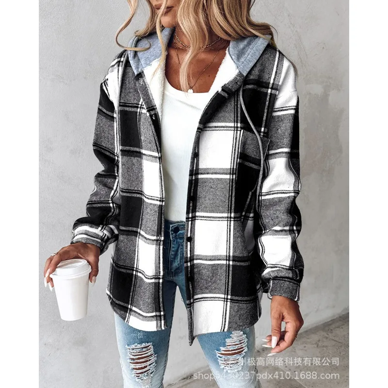 2024 New Autumn Winter New Fashion Women\'s Clothing Solid Color Plaid Hooded Jacket Casual