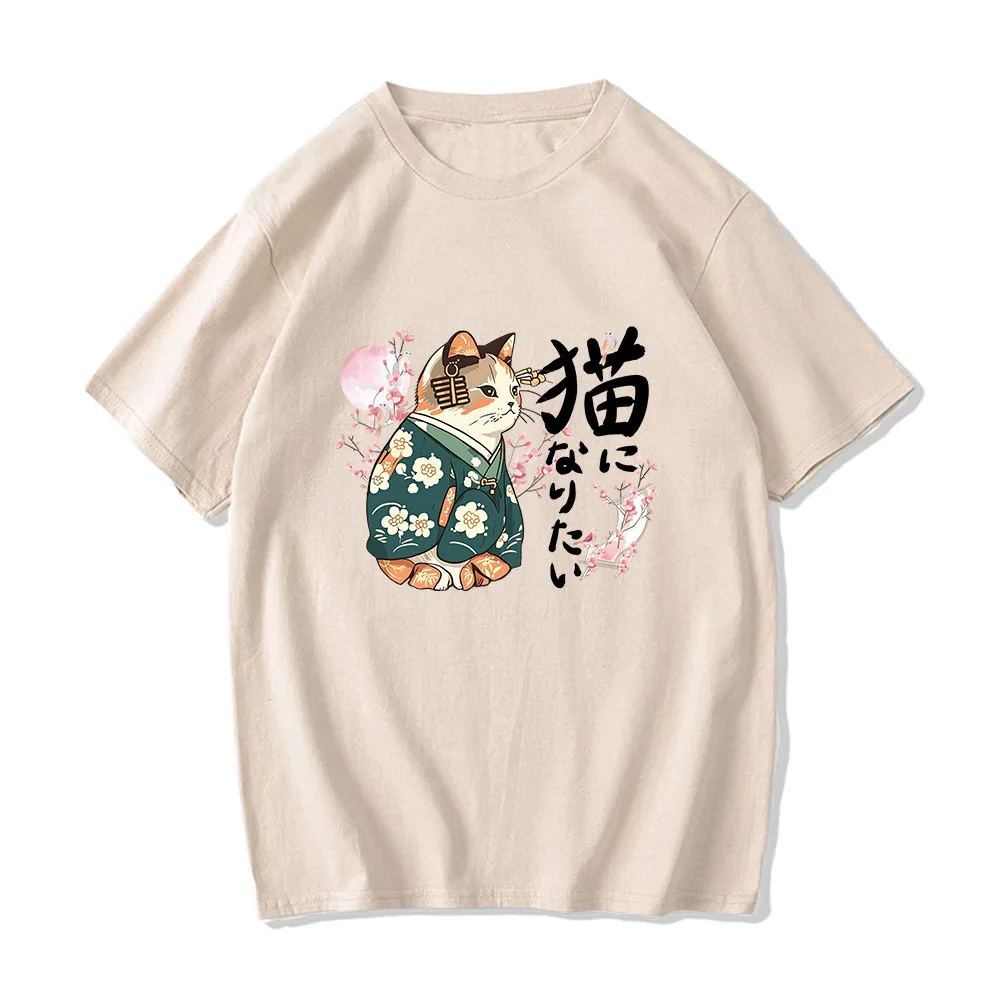 Ukiyoe Kanji Cat Japanese Style T-shirt Blossom Sakura Pink Tee-shirt Cotton High Quality Girls Tshirts Short Sleeve Casual Tees