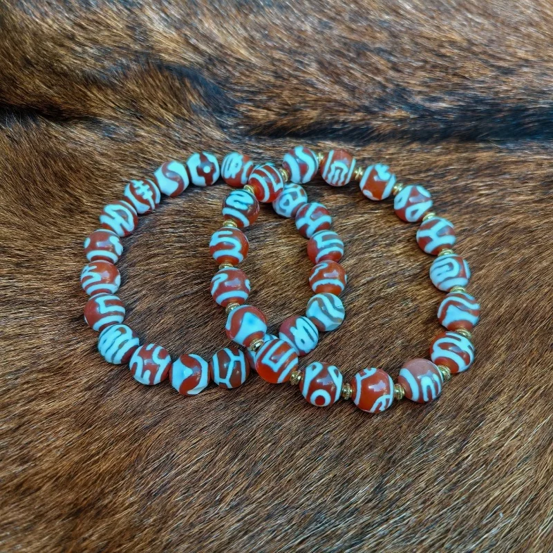 Tibetan Treasure Vase Money Hook Multi Totem Red/White 10mm Agate Dzi Round Bead String Women's Talisman Jewelry Bracelet