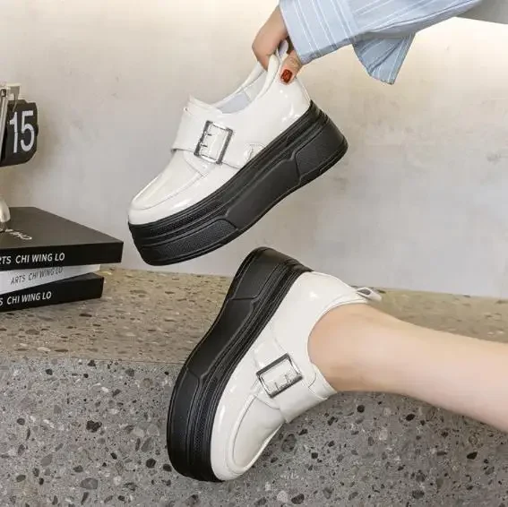 8.5CM New Patent Synthetic Leather Platform Wedge Chunky Sneakers Spring Fashion Boots Pumps Hook Women Autumn Pupil Shoes